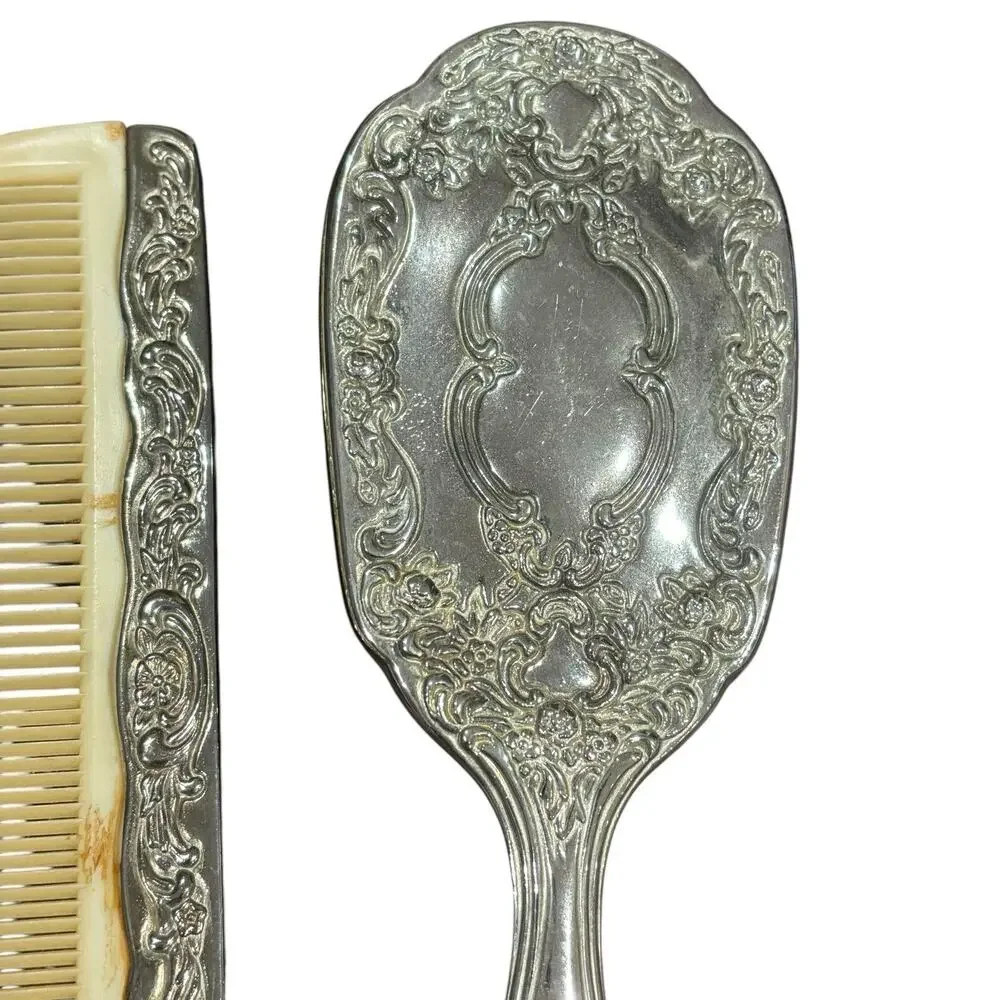 Vintage Silver Plated Vanity Set Heavy Repoussé Floral Mirror Brush Comb